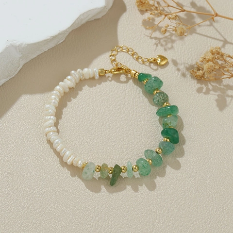 Baroque Freshwater Pearl Bracelet With Natural Stone Heart Charm Gold Plated Adjustable Fashion Jewelry For Women