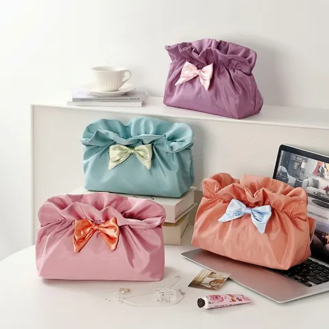 Cute Bowknot Makeup Bag For Women Large Capacity Polyester Pleated Cosmetic Bag Travel Toiletry Storage Bag Ins Style Sweet Girls Beauty Organizer