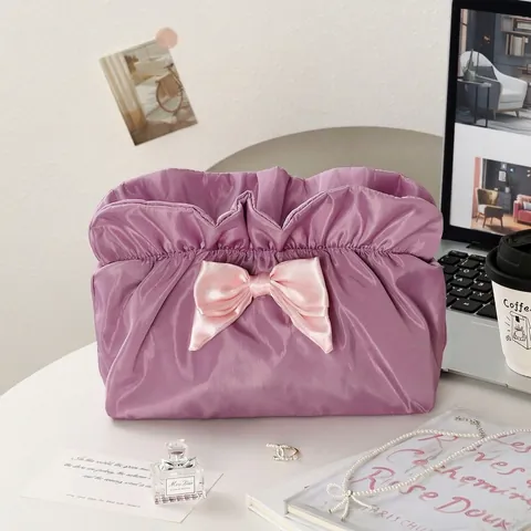 Cute Bowknot Makeup Bag For Women Large Capacity Polyester Pleated Cosmetic Bag Travel Toiletry Storage Bag Ins Style Sweet Girls Beauty Organizer