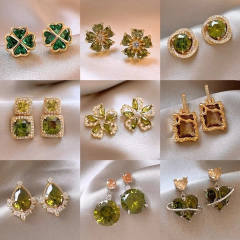Vintage Emerald Green Earrings With Silver Earring Post Retro Geometric Rhinestone Dangle Stud For Women Luxury Accessory