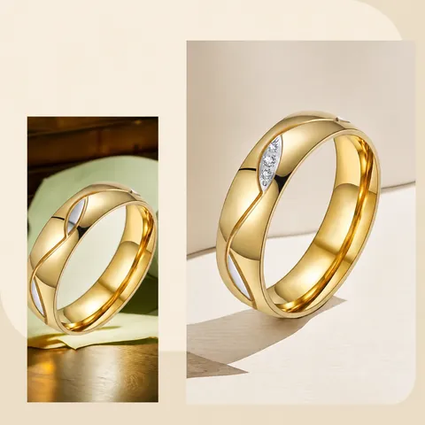 Stainless Steel Engraved Couple Rings Wave Design Polished Heart Pattern Zircon Inlaid Romantic Fashion Jewelry Men Women