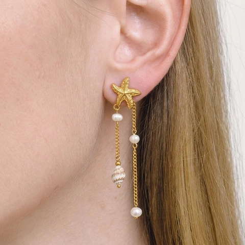Boucles d'Oreilles Pendantes Étoile de Mer Coquillage Perle d'Eau Douce Gland Acier Inoxydable 304 Style Océan Plage
