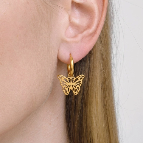 Schmetterling Creolen Edelstahl Gold Vergoldet Wasserdicht Hypoallergen Hohl Tier Anhänger Elegant Schmuck Damen