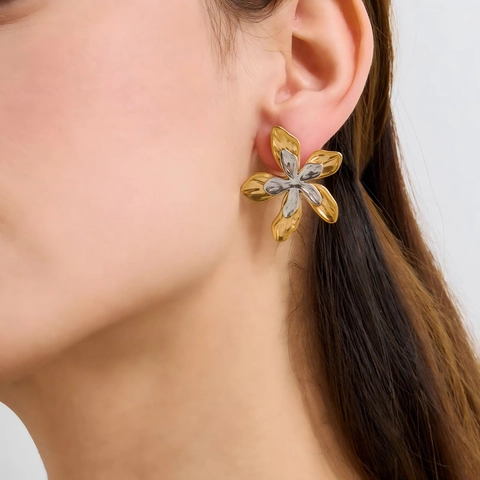 Blumen Ohrstecker 18K Vergoldeter Edelstahl Wasserdicht Hypoallergen Floral Zweifarbig Eleganter Schmuck Für Damen