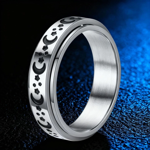 Stainless Steel Spinner Ring For Men Women Star Moon Sun Flower Pattern Anxiety Stress Relief Rotating Band Fashion Finger Jewelry
