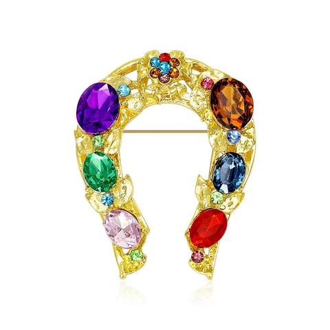 Creative Colorful Rhinestone Horseshoe Brooch Alloy Gold Plated U-Shaped Corsage For Women Fashion Jewelry Accessories Wedding Party Gift