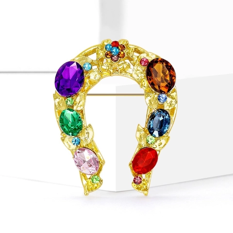Creative Colorful Rhinestone Horseshoe Brooch Alloy Gold Plated U-Shaped Corsage For Women Fashion Jewelry Accessories Wedding Party Gift