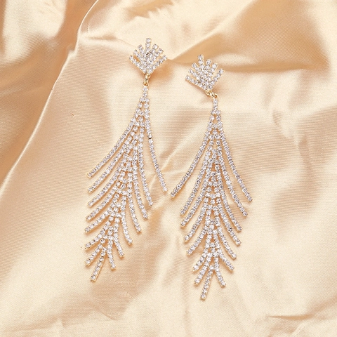 Luxuriöse Legierung Strass Fischgräten Lange Quasten Ohrhänger Mit 925 Sterlingsilber Ohrstecker-Stift Für Hochzeit Braut Damen