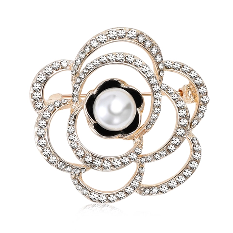 Elegante Spilla Camelia Donna Lega Strass Perla Artificiale Traforata Spilla Moda Decorazione Gioielli Regalo Accessorio