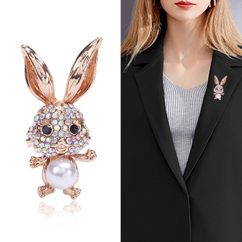 Spilla a Forma di Coniglio in Lega Cartone Animato con Intarsio di Strass Perla Artificiale Decorativa per Giacca Abito Donna Gioielli
