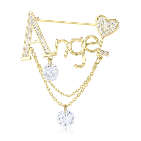 Eleganter Angel Buchstabe Quaste Brosche Für Damen Vergoldet Kupfer Strass Herz Pin Mode Schmuck Geschenk Accessoire