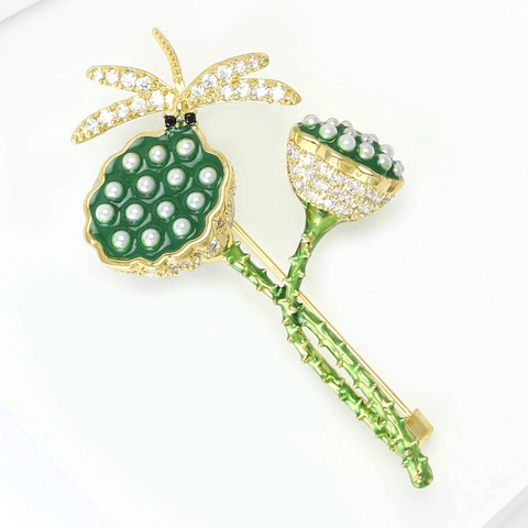Spilla Vintage Stile Cinese Libelle Loto in Rame Smalto Verde Con Perla Artificiale Strass Accessorio Abbigliamento Donna