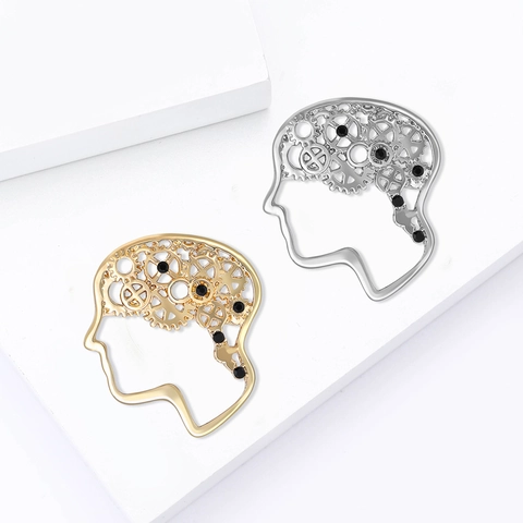 Steampunk Brain Brooch Mechanical Gear Hollow Human Head Silhouette Alloy Rhinestone Pin For Suit Shirt Women Men Jewelry Gift
