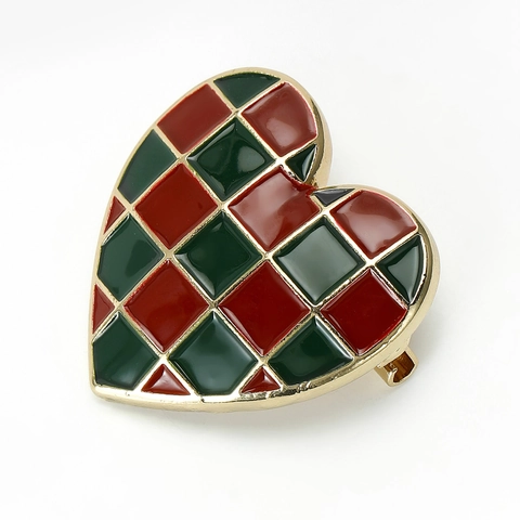 Vintage Legering Hart Brosche Emaille Schaakbord Pin Voor Dames Rood Groen Verguld Sieraden Cadeau Kleding Accessoires
