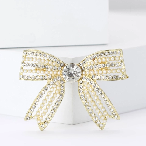 Spilla a Fiocco in Lega con Perle Artificiali e Strass Stile Coreano per Donna Elegante Fiocco Decorazione per Abiti Accessorio