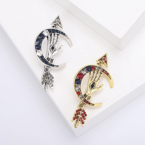 Vintage Legering Mystieke Maan Pijl Hand Boze Oog Brosche Pin Voor Vrouwen Strass Retro Corsage Pak Accessoire Sieraden