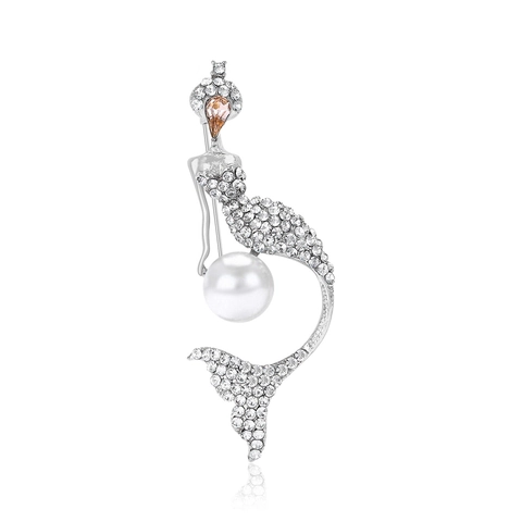 Spilla a Forma di Sirena in Lega di Moda per Donna Elegante Spilla a Forma di Sirena con Perla Artificiale Intarsiata Gioielli Placcati in Oro Argento