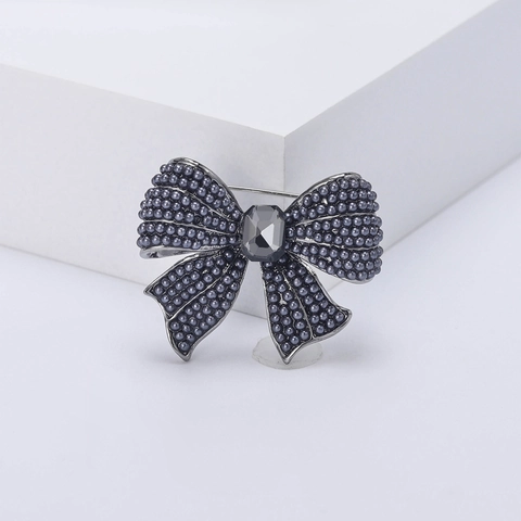 Elegant Alloy Bow Brooch For Women With Artificial Pearls And Rhinestone Inlaid Vintage Fashion Clothing Accessory Pin