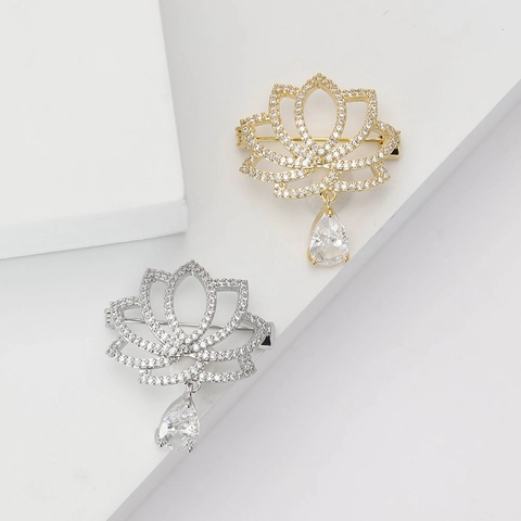Eleganter Kupfer Lotus Blume Anhänger Brosche Pin Für Damen Mit Mikro Pave Zirkonia Tropfen Steine Hochzeit Party Büro Schmuck