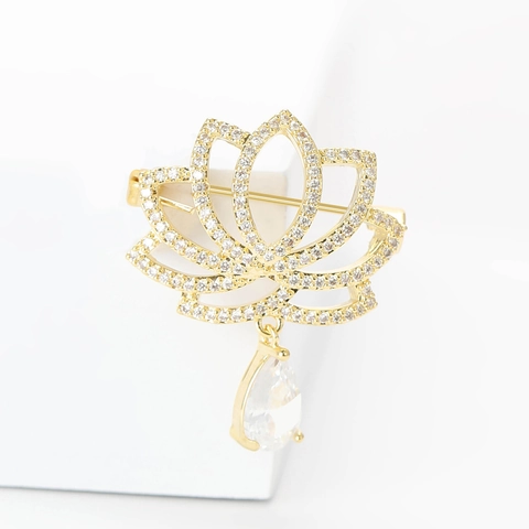 Elegante Broche de Colgante de Flor de Loto de Cobre para Mujer Con Micro Pave de Circonia Piedras de Gota Joyas de Oficina de Fiesta de Boda