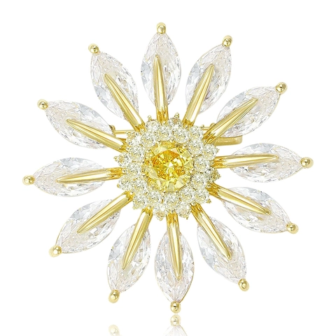 Elegante Kupfer Zirkonia Blume Brosche Für Damen Funkelnde Marquise Kristall Sonnenblume Pin Für Hochzeit Bankett Anzug Schmuck