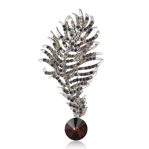 Elegant Feather Shape Alloy Brooch Pin For Women Vintage Fashion Jewelry Colorful Rhinestone Inlaid Clothing Accessories Gift
