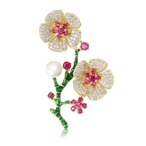 Broche de Flor de Ciruelo de Lujo en Cobre y Circonia para Mujer Vintage de Esmalte y Perla Artificial Alfiler de Solapa para Vestido y Traje Joyería de Moda Regalo