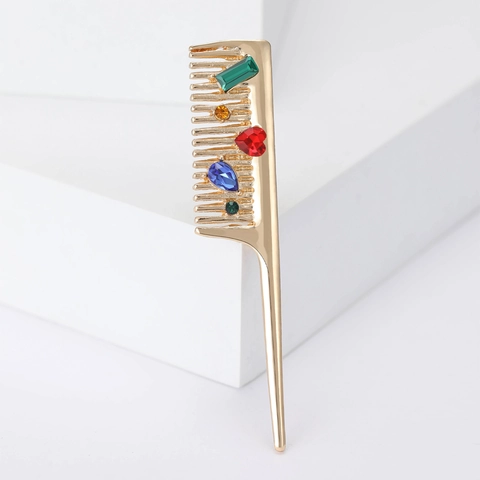 Kreative Kamm Form Legierung Strass Brosche Vintage Mehrfarbige Kristall Eingelegt Pin Mode Schmuck Zubehör Für Damen Geschenk