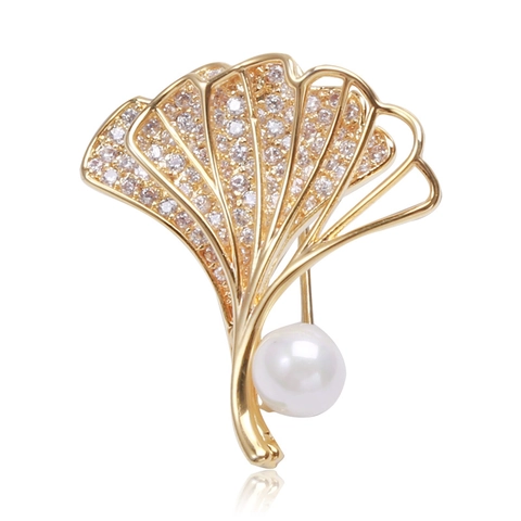 Elegante Spilla a Foglia di Ginkgo per Donna Spilla in Rame Oro Strass con Perla Artificiale Spille a Pianta alla Moda Regalo Gioielli