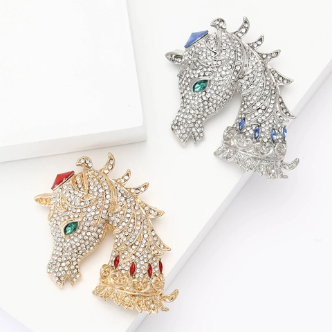 Vintage Pferdekopf Brosche Für Damen Luxus Legierung Strass Tier Reversnadel Für Anzug Mantel Mode Schmuck Zubehör