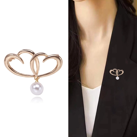 Elegant Alloy Double Heart Pearl Pendant Brooch With Rhinestones Gold Tone Fashion Jewelry Gift For Women Suit Dress Accessary