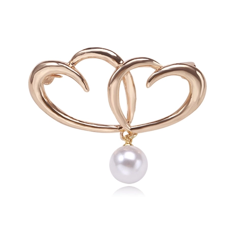 Elegant Alloy Double Heart Pearl Pendant Brooch With Rhinestones Gold Tone Fashion Jewelry Gift For Women Suit Dress Accessary