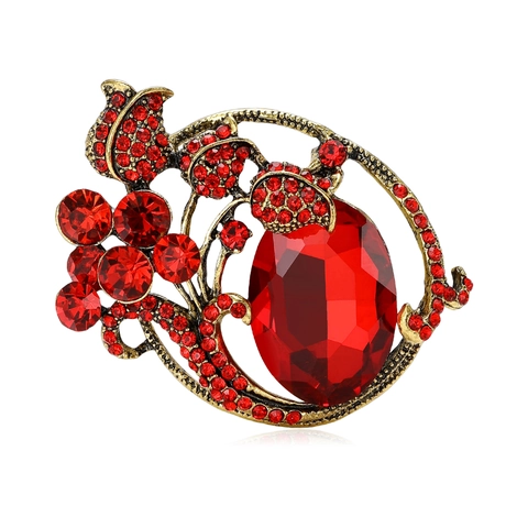Vintage Alloy Flower Brooch Rhinestone Crystal Oval Large Stone Elegant Corsage Pin For Women Clothing Party Decoration