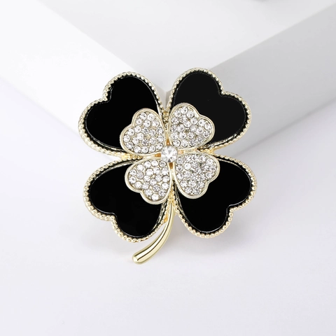 Spilla in Lega a Quadrifoglio di Moda per Donna Elegante Spilla con Strass Incastonati Smalto a Goccia d'Olio Cloisonne Accessorio per Abito e Cappotto