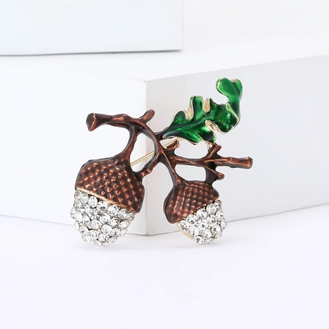 Eleganter Legierung Strass Emaille Eichel Brosche Für Damen Mode Eichenblatt Fruchtform Anzüge Mantel Reversnadel Schmuck Zubehör