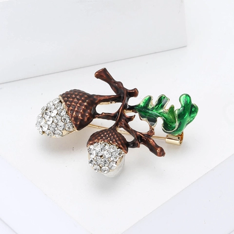 Eleganter Legierung Strass Emaille Eichel Brosche Für Damen Mode Eichenblatt Fruchtform Anzüge Mantel Reversnadel Schmuck Zubehör