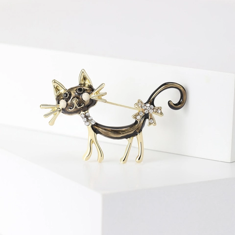 Cute Long Tailed Cat Brooch Alloy Enamel Drip Oil Rhinestone Animal Pin For Women Fashion Jewelry Clothing Accessories