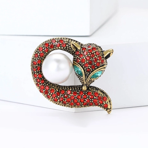 Elegante Broche de Aleación de Diamantes de Imitación Forma de Zorro Con Perla Artificial Grande para Mujer Abrigo Traje Joyería Animal