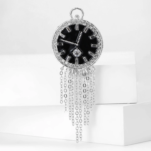 Vintage Klok Vorm Broche Met Metalen Ketting Kwastje Strass Emaille Legering Broche Speld Voor Pak Sieraden Unisex Cadeau