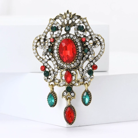 Vintage Barock Legierung Strass Brosche Für Damen Palaststil Antik Gold Blume Corsage Mit Großer Roter Stein Tropfenanhänger