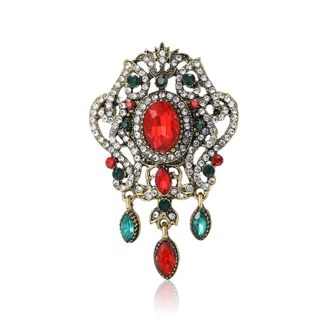 Vintage Barock Legierung Strass Brosche Für Damen Palaststil Antik Gold Blume Corsage Mit Großer Roter Stein Tropfenanhänger