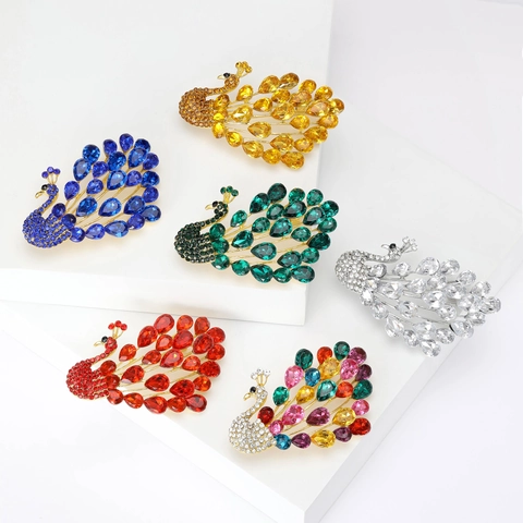 Elegante Broche de Pavo Real de Aleación con Diamantes de Imitación para Mujer Alfileres Forma Animal de Cristal para Fiesta Boda