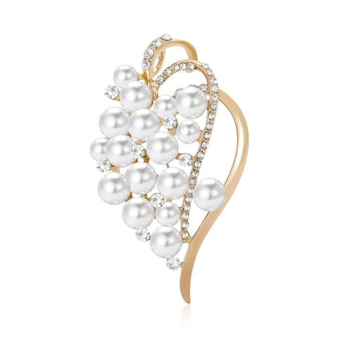 Elegante Spilla a Forma di Cuore e Foglia in Lega per Donna Artificiale Perla Strass Galvanizzato Moda Accessorio per Abbigliamento