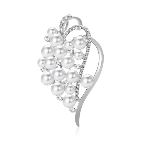 Elegante Spilla a Forma di Cuore e Foglia in Lega per Donna Artificiale Perla Strass Galvanizzato Moda Accessorio per Abbigliamento