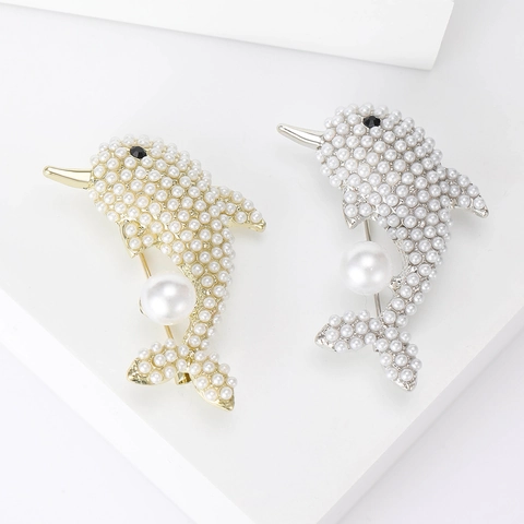 Elegante Spilla a Forma di Delfino in Lega con Perle Artificiali per Donna Moda Animale Strass Intarsiato Corsage Accessori Gioielli Regalo