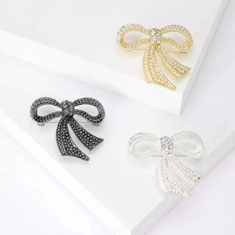 Vintage Bow Knot Brooch For Women Alloy Artificial Pearl Rhinestone Inlaid Fashion Apparel Accessory Gold Silver Black