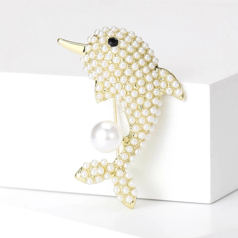 Elegante Spilla a Forma di Delfino in Lega con Perle Artificiali per Donna Moda Animale Strass Intarsiato Corsage Accessori Gioielli Regalo