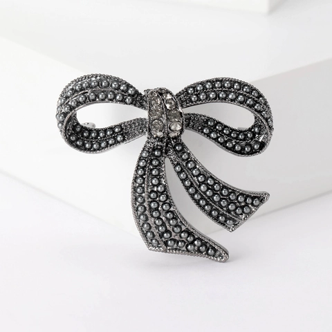 Vintage Bow Knot Brooch For Women Alloy Artificial Pearl Rhinestone Inlaid Fashion Apparel Accessory Gold Silver Black