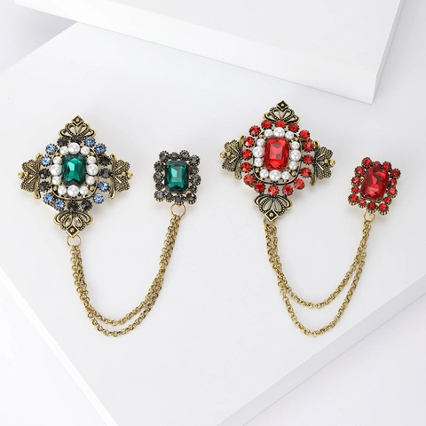 Broche de Aleación Barroco Vintage Con Borla de Strass y Perla Artificial Estilo de Corte Alfiler de Doble Eslabón Joyería Mujer