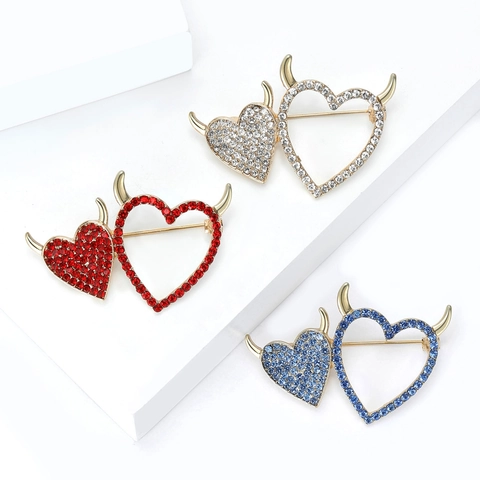 Exquisite Legierung Strass Teufel Herz Brosche High-End Mode Doppel Herz Anstecknadel Zubehör Für Valentinstag Damen Schmuck
